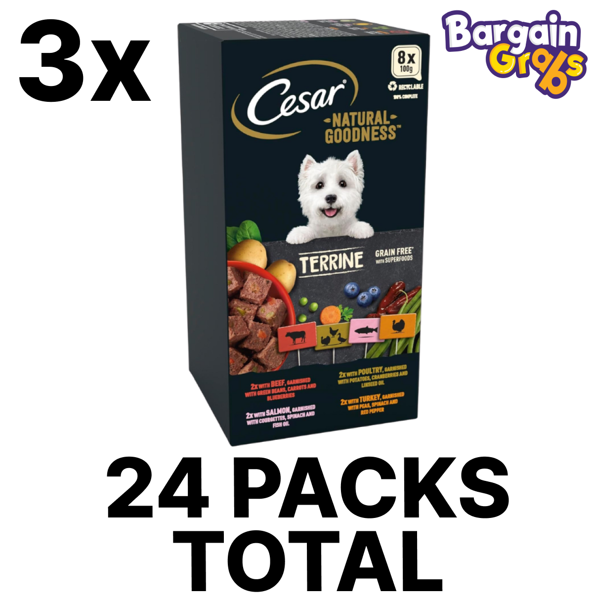 CESAR Natural Goodness Mixed Selection in Loaf Dog Food – 3 Packs of 8 x 100g Trays