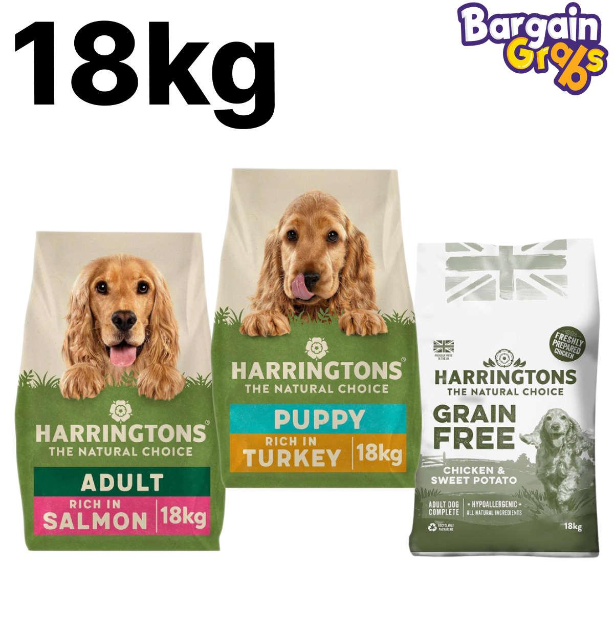 Variety pack of 18kg Harringtons Dry Dog Food including Grain Free Hypoallergenic Salmon & Sweet Potato, Grain Free Hypoallergenic Chicken & Sweet Potato, and Complete Puppy Turkey & Rice – nutritious meals for dogs of all life stages
