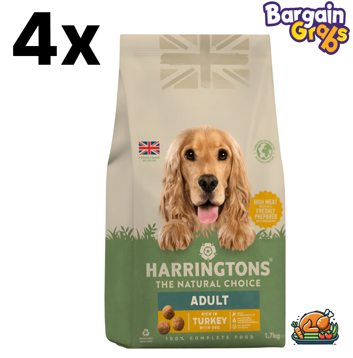 Pack of 4 Harringtons Complete Adult Dog Food 1.7kg bags – turkey and vegetable recipe for healthy digestion and nutrition