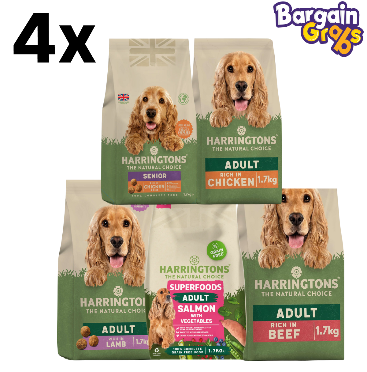 Variety pack of 20 Harringtons 1.7kg Dry Dog Food bags including Senior Chicken & Rice, Adult Chicken & Veg, Adult Lamb & Rice, Beef, and Superfoods Grain Free Salmon with Veg – complete and balanced meals for dogs