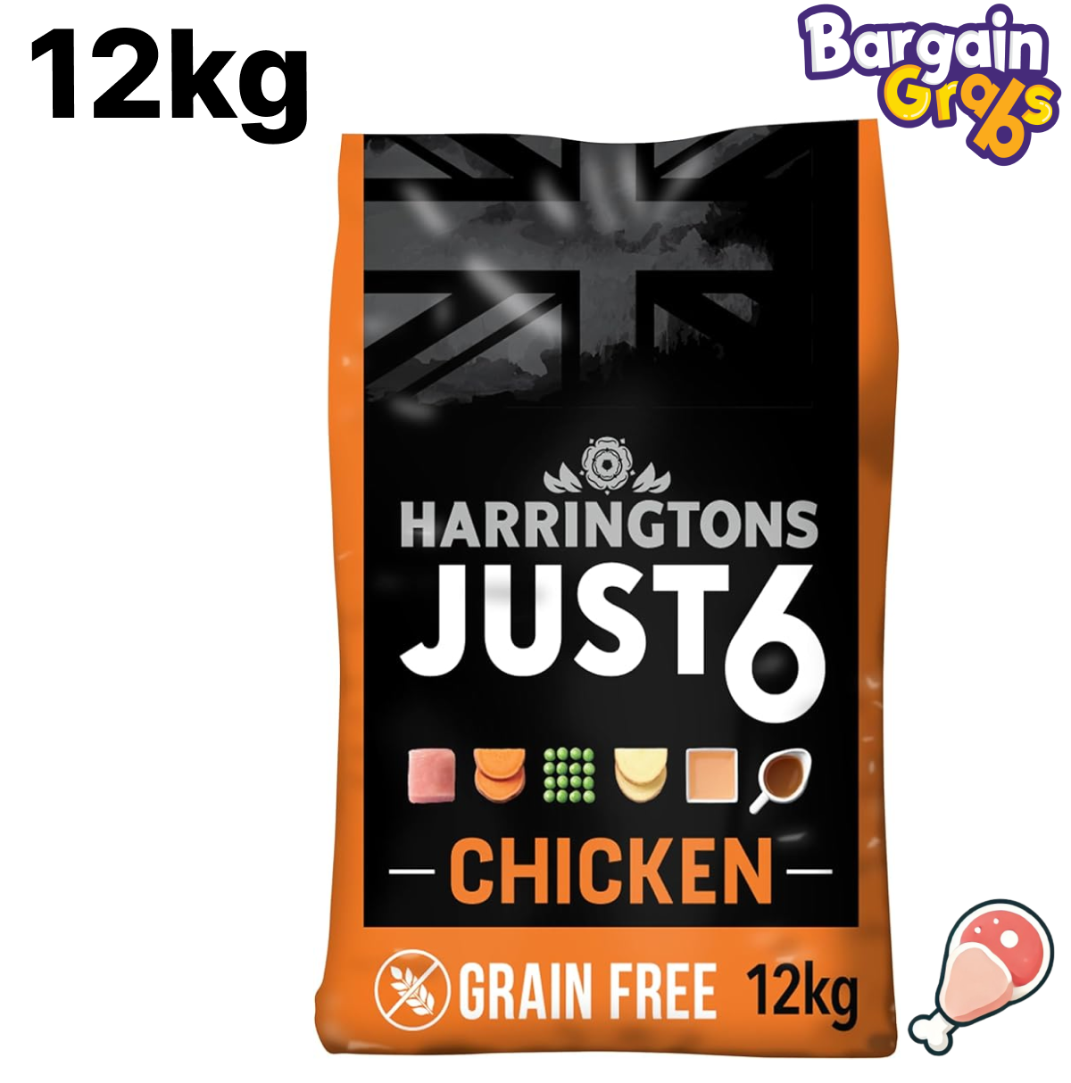 Harringtons Just 6 Complete Grain Free Hypoallergenic Dry Dog Food, 12kg bag with Chicken & Vegetables for adult dogs