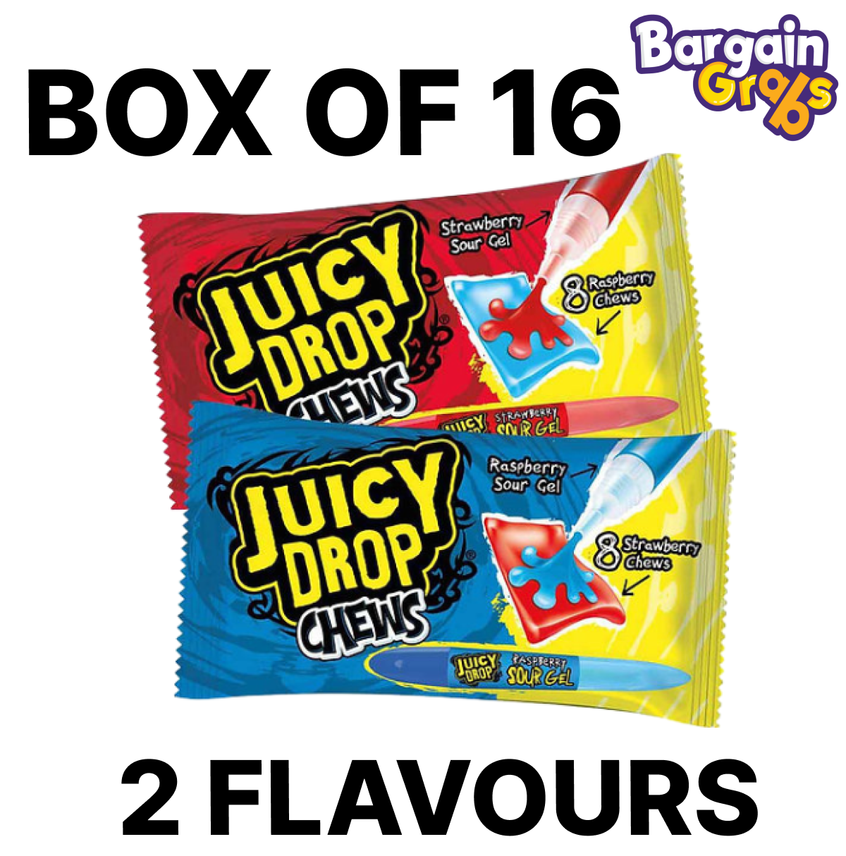 16-pack of Juicy Drop Chews 67g – strawberry and raspberry flavoured chewy candy with sour gel
