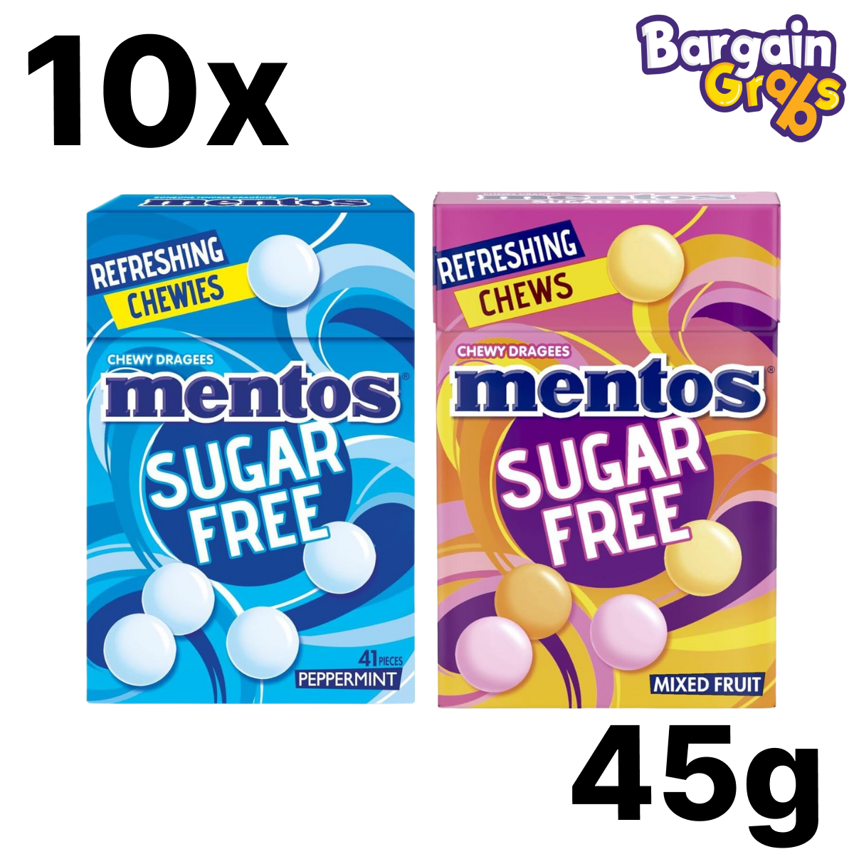10 pack of 45g Mentos Sugar Free Chews in Peppermint or Mixed Fruit – refreshing, sugar-free candy rolls for on-the-go enjoyment