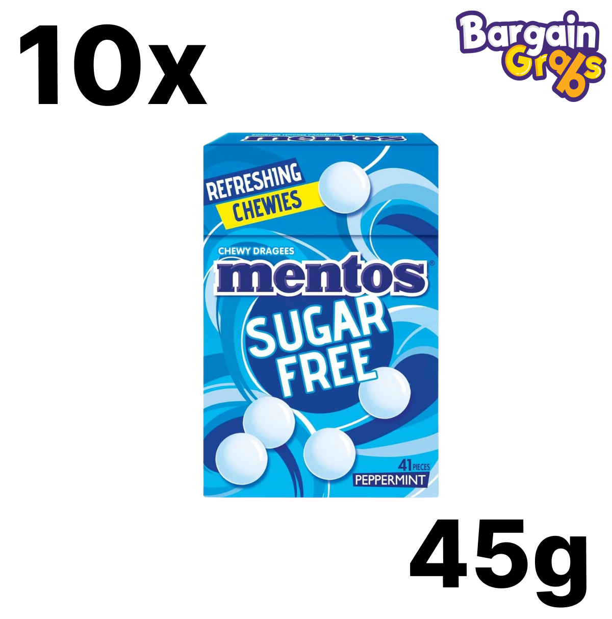 10 pack of 45g Mentos Sugar Free Peppermint Chews – cool, refreshing sugar-free mints in convenient rolls