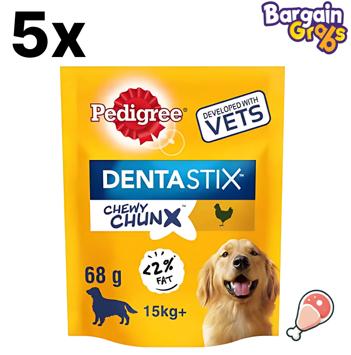 Pack of 5 Pedigree Dentastix Chewy Chunx Maxi Adult Dog Treats in Chicken Flavour, 68g each