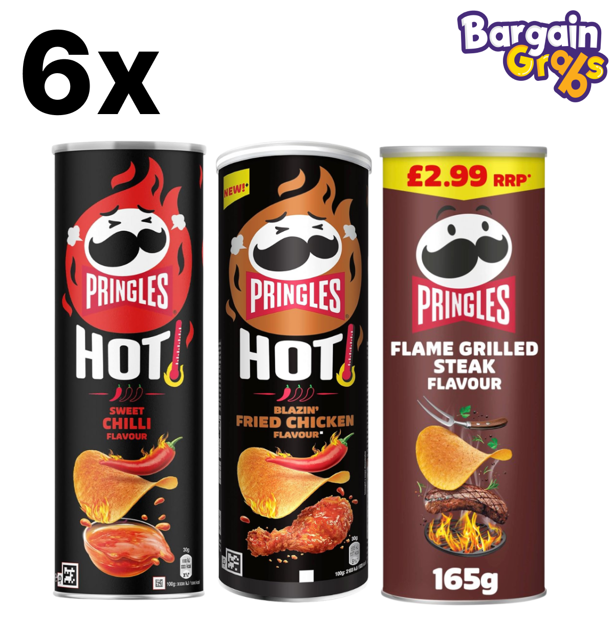 Pringles Variety Pack 6 x 160g & 165g – Hot Sweet Chilli, Hot Fried Chicken & Flame Grilled Steak Crisps
