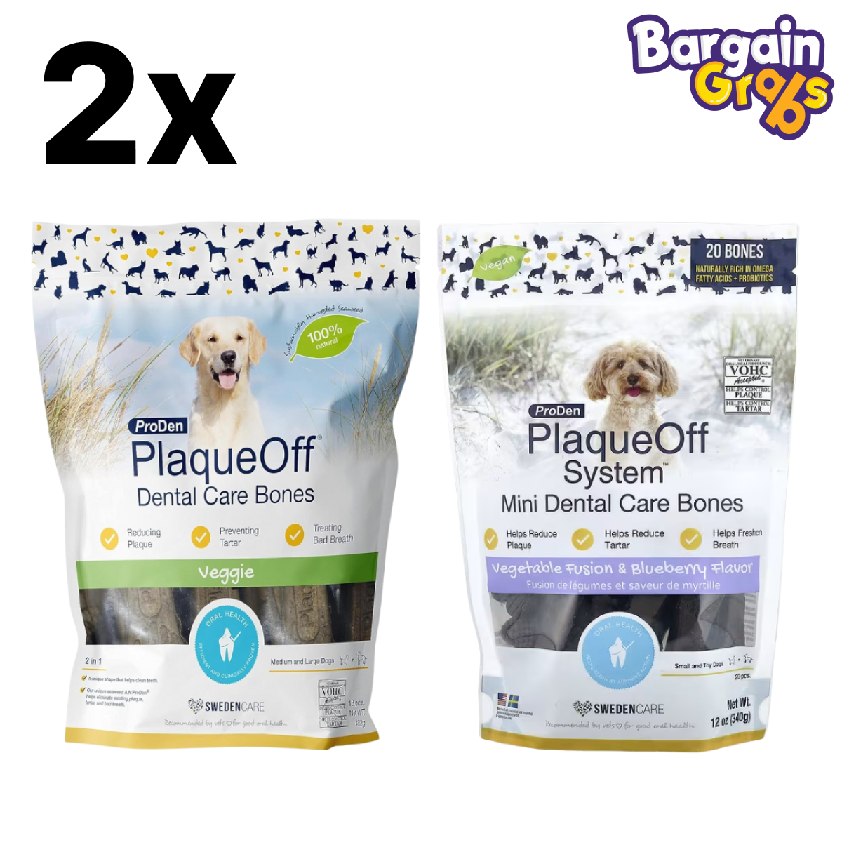 ProDen PlaqueOff Dental Bones – natural oral care for dogs, 2-pack bundle with size and flavour variations for plaque and tartar control