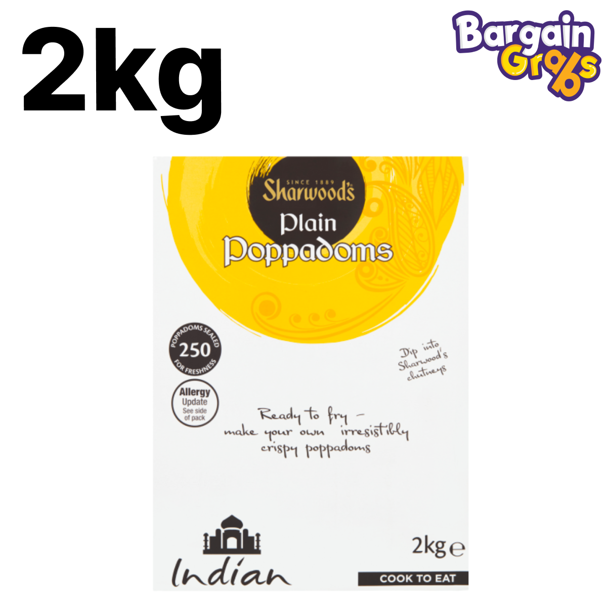 Sharwood’s Plain Poppadoms 2kg – bulk pack of 250 uncooked poppadoms for frying at home or in catering