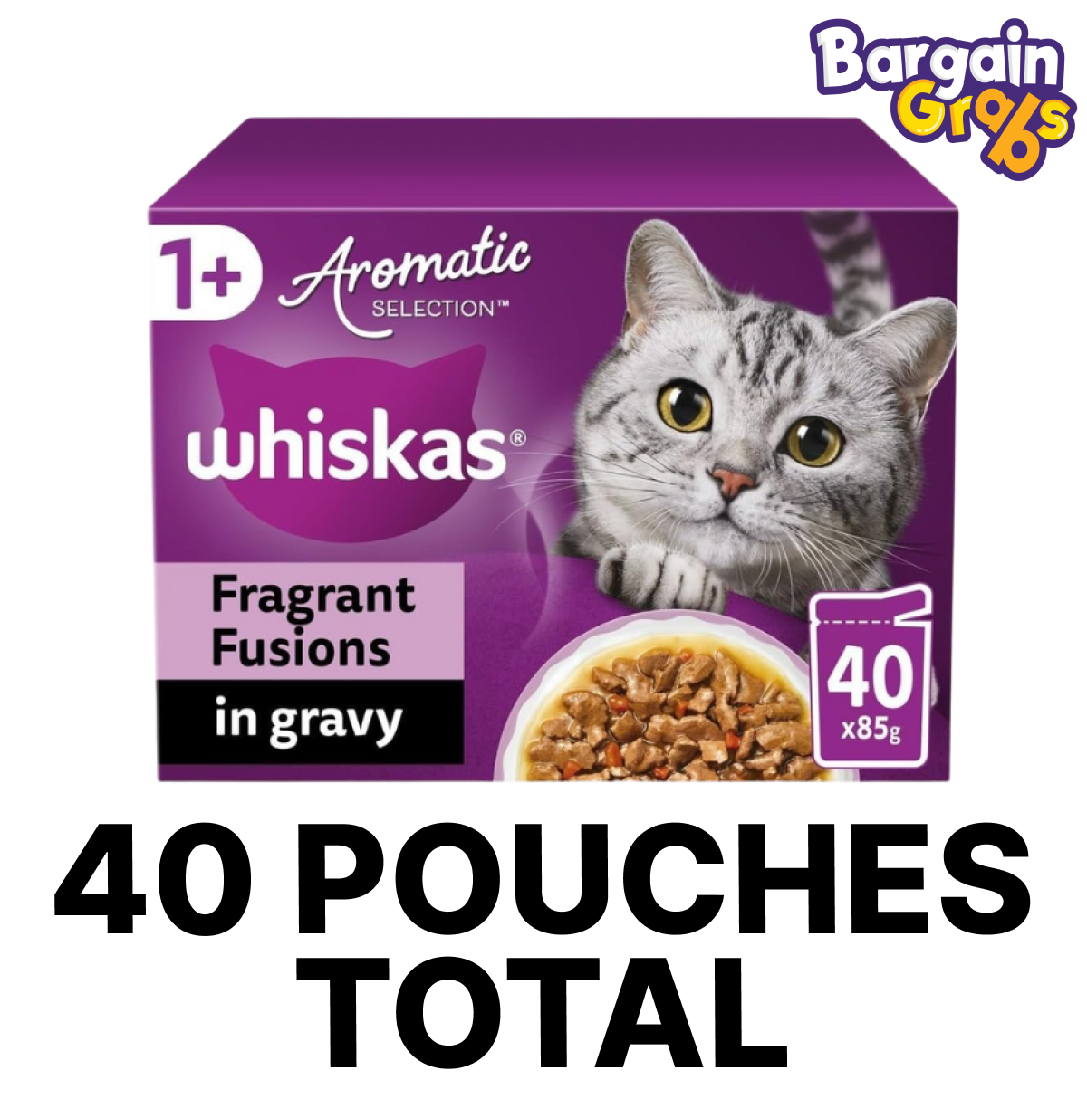 WHISKAS 1+ Cat Food Pouches Aromatic Fusion in Gravy 40 x 85g – Complete Wet Food for Adult Cats